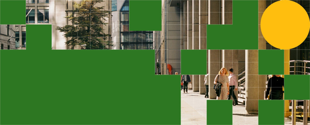 People walking through busy street