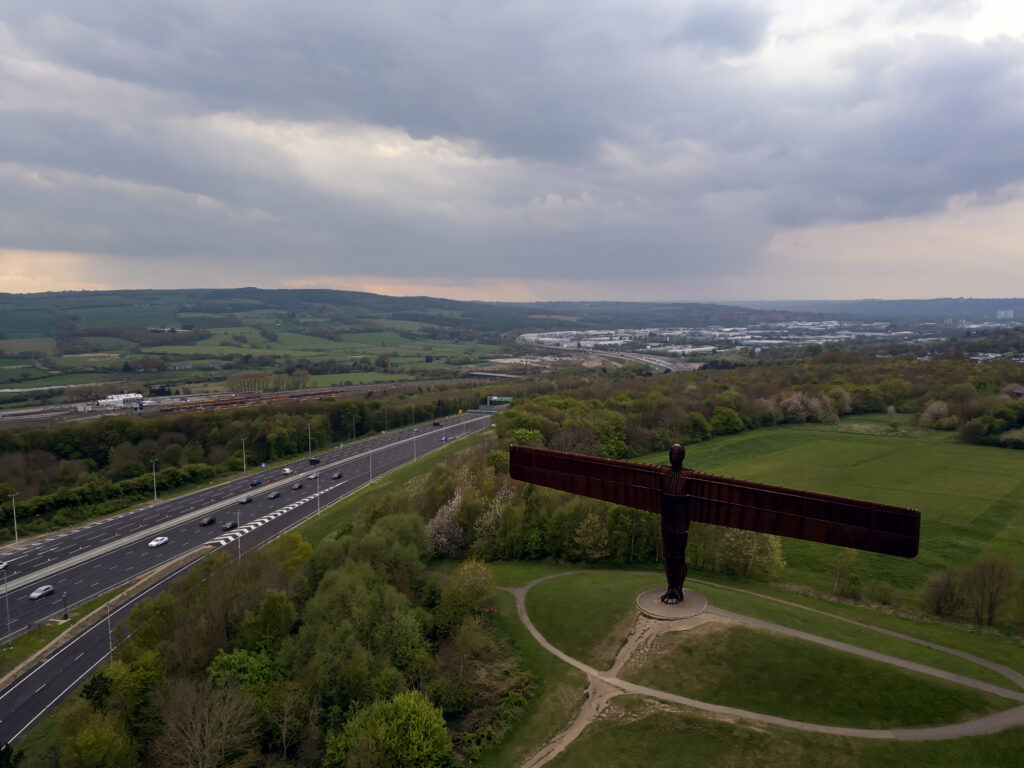 An aerial view of the Angel of the North sculpture in Gateshead, Tyne and Wear, UK