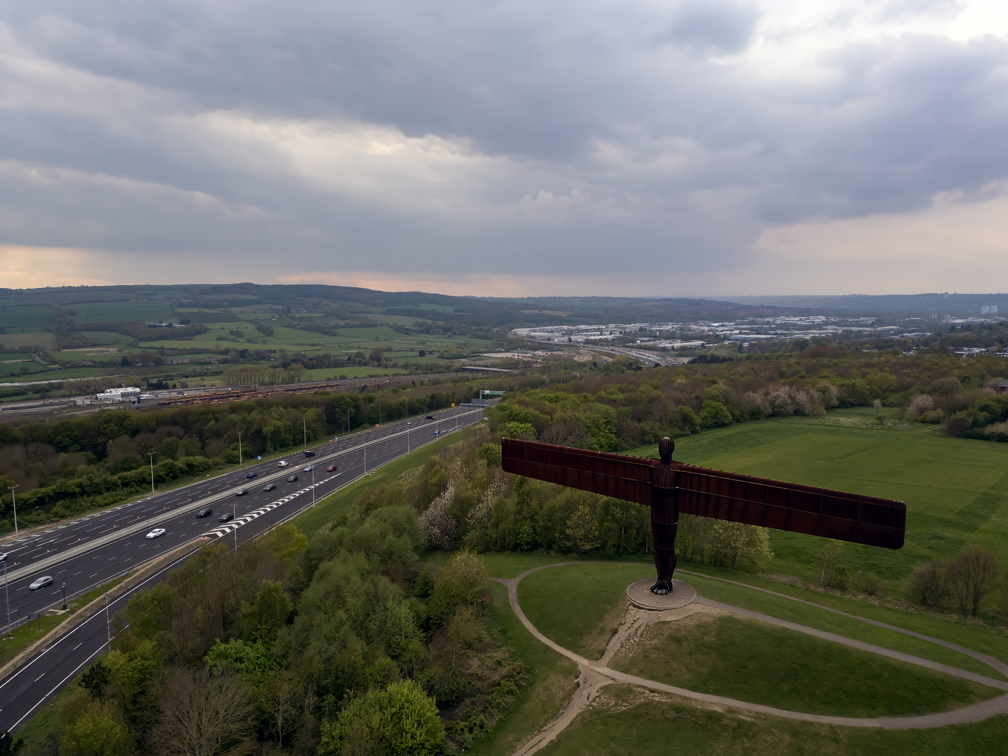 An aerial view of the Angel of the North sculpture in Gateshead, Tyne and Wear, UK