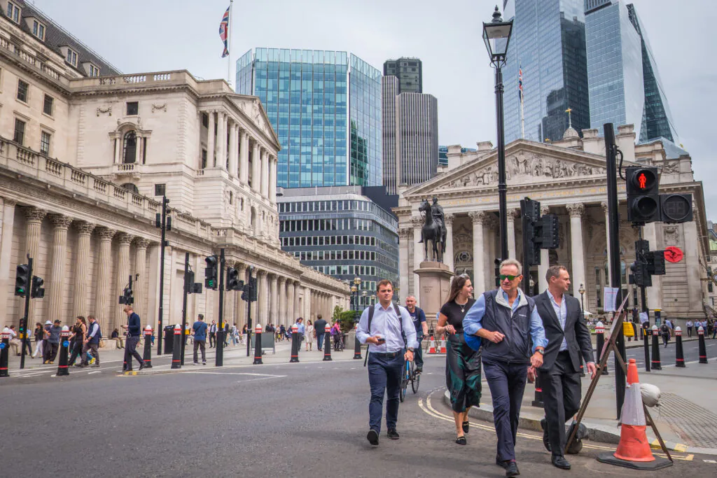 London City office workers Financial District outside Bank of England